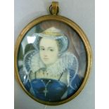 Mary Queen of Scots, miniature portrait, half length, watercolour, initialled SA, oval, 8.5cm x 6.