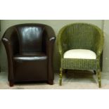 A faux brown leather upholstered tub chair, together with a green wicker chair (2)