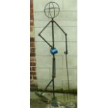 A novelty garden figure holding a mug, tubular metal, 150cm high