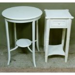 A white painted circular two tier occasional table, 52cm diameter, together with a white painted