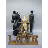 Decorative items including metal horses head, miniature wooden tailor's dummy, pair of candlesticks,