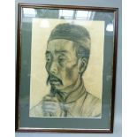 A head and shoulders portrait of a Chinese man, charcoal, unsigned, 48cm x 35cm