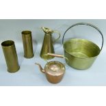 Brass preserve pan with iron hoop handle, 29cm diameter, pair of WWI brass shell vases, brass jug