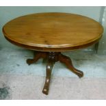 A Victorian mahogany looe table the oval top with moulded lip above shallow frieze, turned support