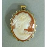 A shell cameo brooch pendant in 9ct gold, the oval female portrait with dressed hair collet set
