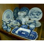 A quantity of decorative blue and white ceramics including willow pattern Victoria china tea