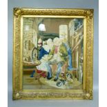 A Victorian needlework panel depicting an elderly couple holding hands beside a kitchen range, a