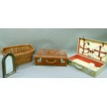 A vintage picnic hamper in velum style case, together with a Finnegans suitcase, silk lined and a