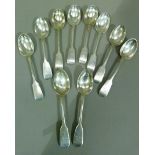 Ten fiddle pattern silver teaspoons, matched and initialled, approximately 7oz