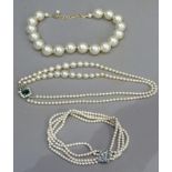 A four strand bead pearl choker with diamante clasp, twin rope bead pearl necklace of graduated size