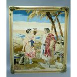 A Victorian needlework panel depicting Jacob and Rachel at the well, 74cm x 62cm