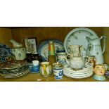 A quantity of decorative ceramics including Victorian blue and white, decorative plates, tobacco