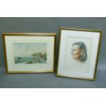 S M Scott - cottage scene, watercolour 22cm x 32cm and a portrait of a woman, pastel, 31cm x 22cm (