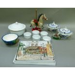 A painted carousel horse, various ramekins etc