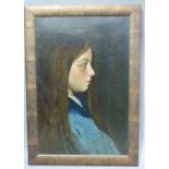 C I Bowen - head and shoulders portrait of a young girl in profile, wearing a blue smock, signed
