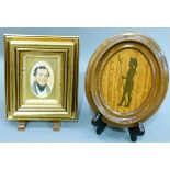 A 19th century oval miniature watercolour of a gentleman, 8cm x 5cm and an oval plaque decorated