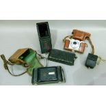 Various cameras including Box Brownie, Coronet folding, Agfa select and a Goerz folding