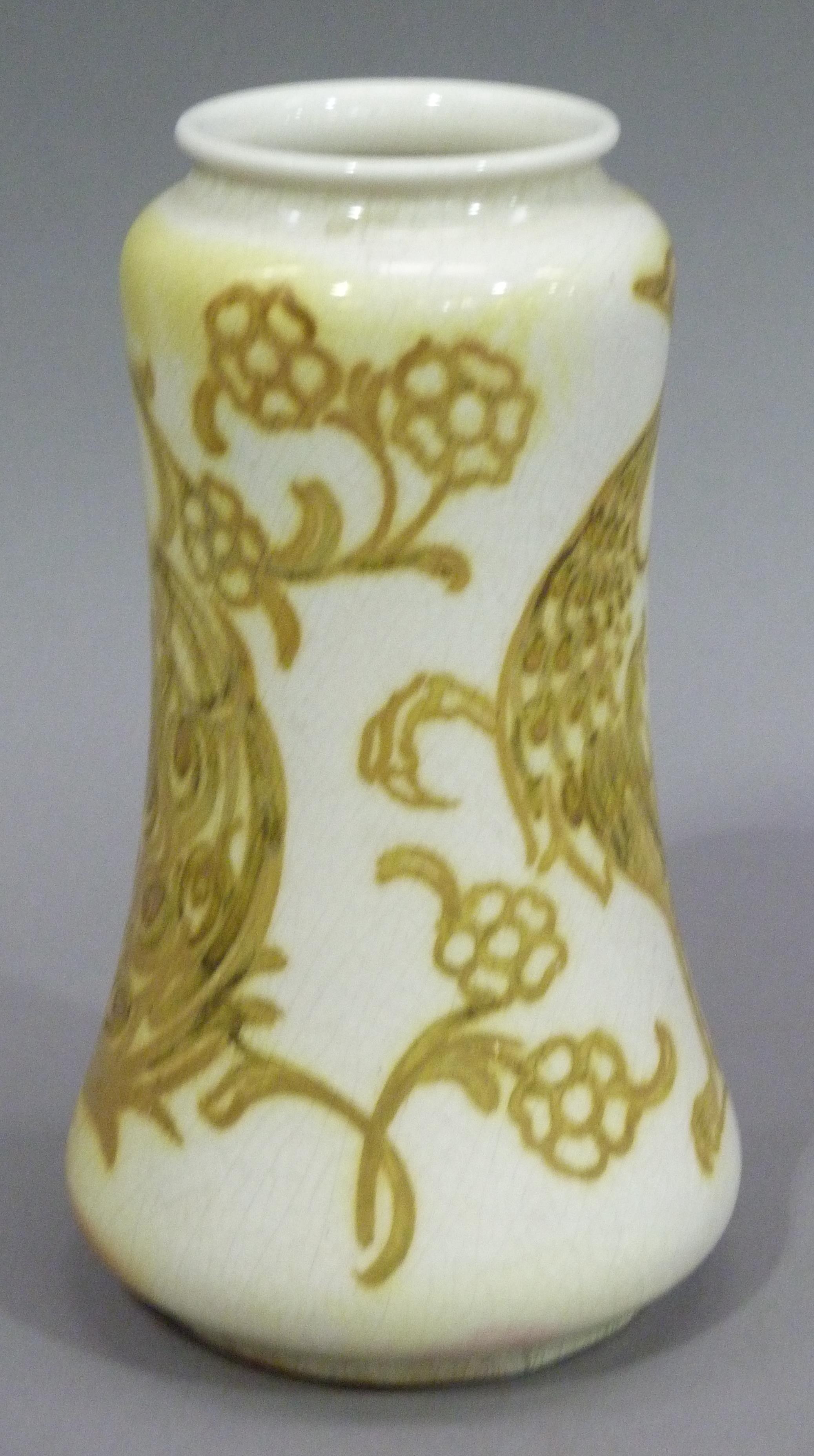 A Burmantofts vase, the pale body painted in yellow and gilt lustre with a peacock, impressed mark - Image 3 of 4