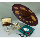 A Chinese parasol, a card table baise, set of 6 EPNS soup spoons,