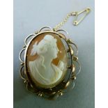 An Edward VII shell cameo brooch in 9ct rose gold the oval female portrait collet set within a