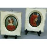 A pair of miniature portraits, of a young lady half length wearing a red gown, signed Shiller, a