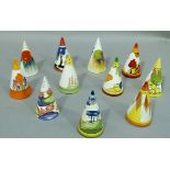 A set of eleven reproduction Clarice Cliff conical sugar sifters each depicting a different pattern,