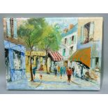 A French street scene with figures, oil on canvas, indistinctly signed to lower right, 31cm x 41cm