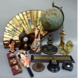 Various decorative items including a globe, Japanese figures, abacus, stands, clock, Art Nouveau
