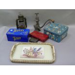Vintage tins, tray, mincer, hurricane lamp etc