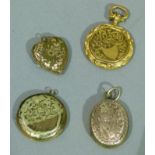 A collection of four Victorian to George V lockets in gilt base metal