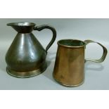 A copper half gallon measure, together with a copper mug with strap handle, 14.5cm high