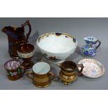 19th century copper lustre ware including, two jugs, mugs, goblet, Masons iron stone jug, a