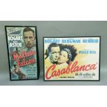 A reproduction film poster for The Maltese Falcon starring Bogart and Mary Aster, framed; together