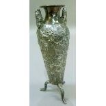 A Chinese silver two handled vase, the tapered body cast with prunus blossom on a cracked ice