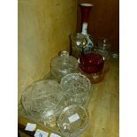 A cut glass dressing table set, a cranberry glass, a painted vase etc