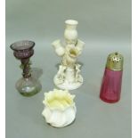 A Belleek thistlehead vase, a Belleek spiral decorated vase, a cranberry glass sugar sifter etc