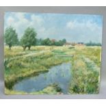 A pasture with pond and farmstead beyond, oil on board, 50cm x 60cm, unsigned