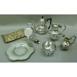 EPNS coffee pot, hot water jug, sugar bowl, cream jug, sauce boat, sugar scuttle, circular stand and