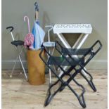 An umbrella or stick stand, together with two folding chairs, white tray on stand and two folding
