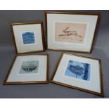 Kim Carlew - four coloured engravings including hare, bowl, building and fern, monochrome, various