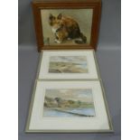 An oil painting of a cat, 28cm x 38cm, in an inlaid oak frame and a pair of watercolours of