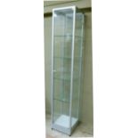 A tall display cabinet, glass shelved with opening door, 202cm high x 38cm wide