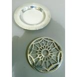 A silver mounted glass coaster, together with an Egyptian silver dish, total approximate weight