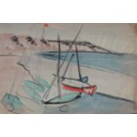 ARR DRUIE BOWETT (1924-1998) Coastal landscape with beached fishing boats, watercolour sketch,