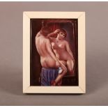 AN ART DECO ENAMEL PORTRAIT of a seated nude female looking at her reflection in a cheval mirror,