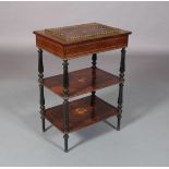 A VICTORIAN ROSEWOOD VENEERED AND FOLIATE INLAID GILT METAL MOUNTED JARDINIERE WHAT-NOT, the central