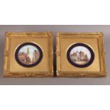 A PAIR OF ROYAL WORCESTER CIRCULAR PORCELAIN PLAQUES BY R RUSHTON, one painted with: 'The Market