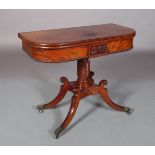 A REGENCY MAHOGANY TEA TABLE, the D shaped top above a figured frieze centred on a rectangular