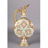 A FISCYER J BUDAPEST POTTERY EWER of flattened circular flask form with ornate neck and gilt moulded