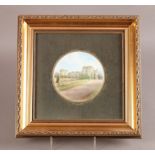 HARRY DAVIS - A CIRCULAR PORCELAIN PLAQUE OF MUNCASTER CASTLE, 14.5cm diameter, printed mark in